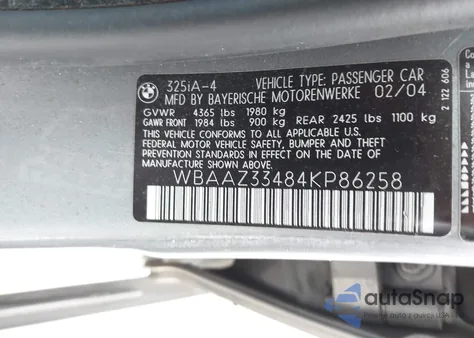 2004 BMW 325I from USA, damaged, VIN WBAAZ33484KP86258